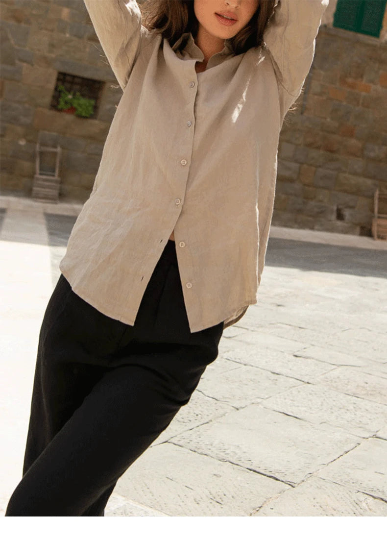 100% Linen French Ladies White Shirt 2024 Spring New Chic Casual Linen Slim Cardigan Tops Office Women's Long Sleeved Shirts