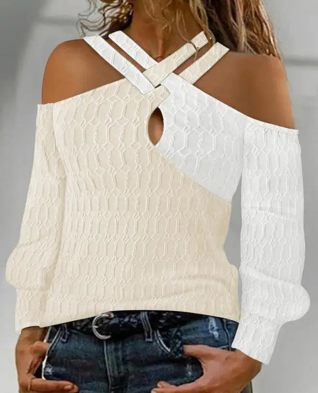 Women's Tops 2023 Autumn Casual Colorblock Criss Cross Cold Shoulder Cable Textured Top Long Sleeve Tee Fashion Pullover