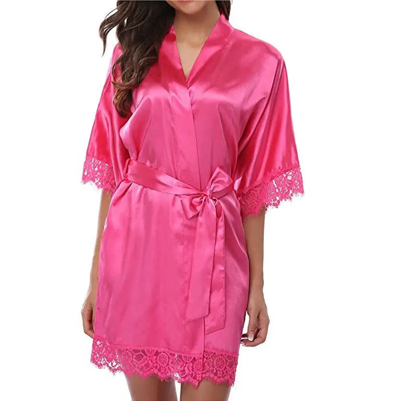 Womens Large Size Ice Silk Sexy Lace Bathrobe Pajamas Female Soft and Comfortable Solid Color Sleepwear V-Neck Bathrobe Pajamas