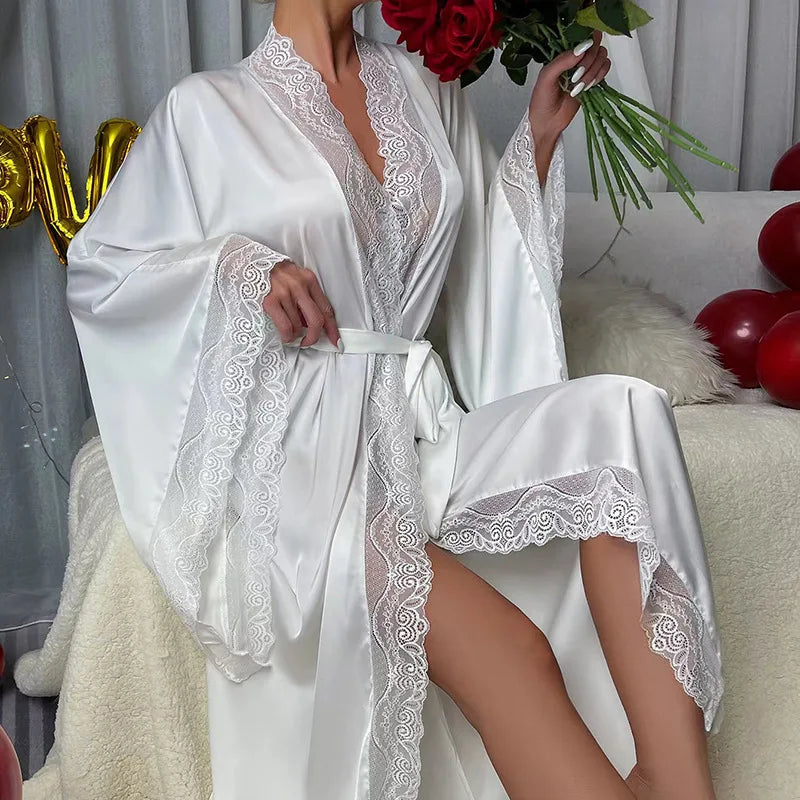 Women's New Sexy Satin Robe Pajamas Homewear Lace Light Luxury Long-Sleeved Ice Silk Robe Bathrobe Homewear Sexy Pajamas