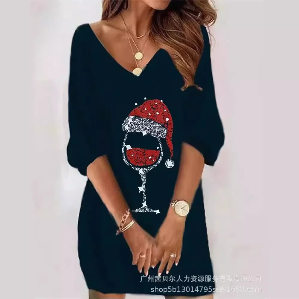 Women V-Neck Fleece Lace Off-Shoulder Dress Long Sleeve Fashion Casual Sexy Mini Dress