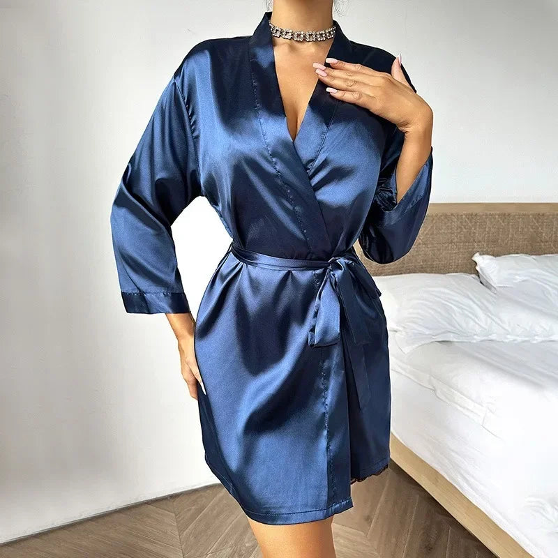 Women Silk Satin Short Night Robe Solid Kimono Robe Fashion Bath Sexy Bathrobe Peignoir Femme Wedding Bride Bridesmaid Robe
