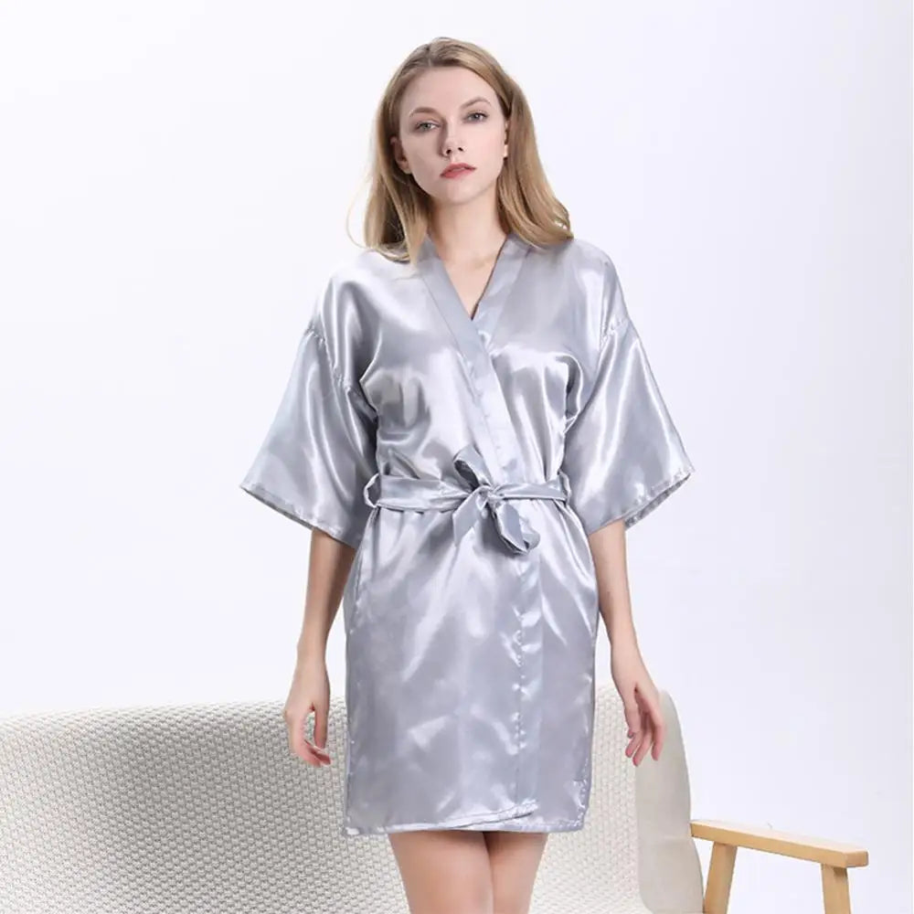 Women Summer Solid Color Ice Silk Nightdress Midi Dress Bath Robe Waist Belt Sleepwear Nightgown Lady Homewear