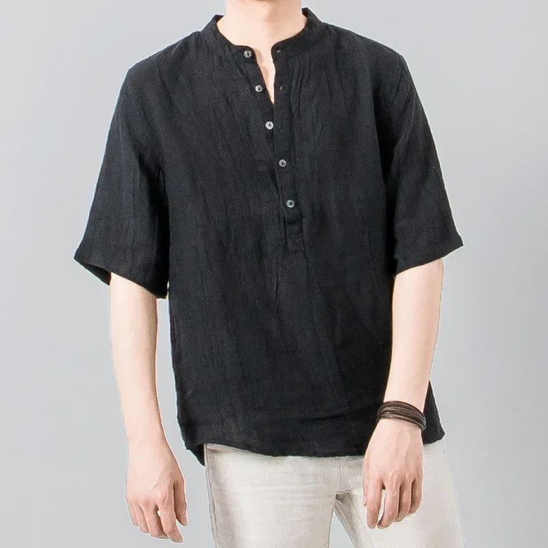100% Linen Wide Sleeve Shirt Men Summer Breathable Casual Clothing Loose Stand Collar Cover Head Traditional Wrinkle Design