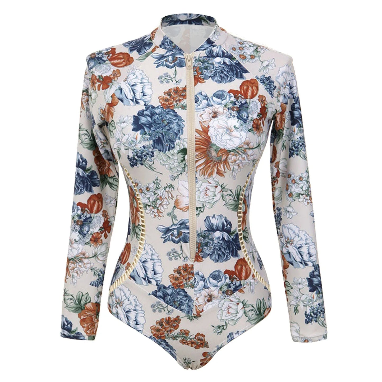 Women Long Sleeve Bathing Suits Vintage Floral Printed Hollow Out Fashion Swimwear Women Front Zipper Up Sexy Surfing Suit