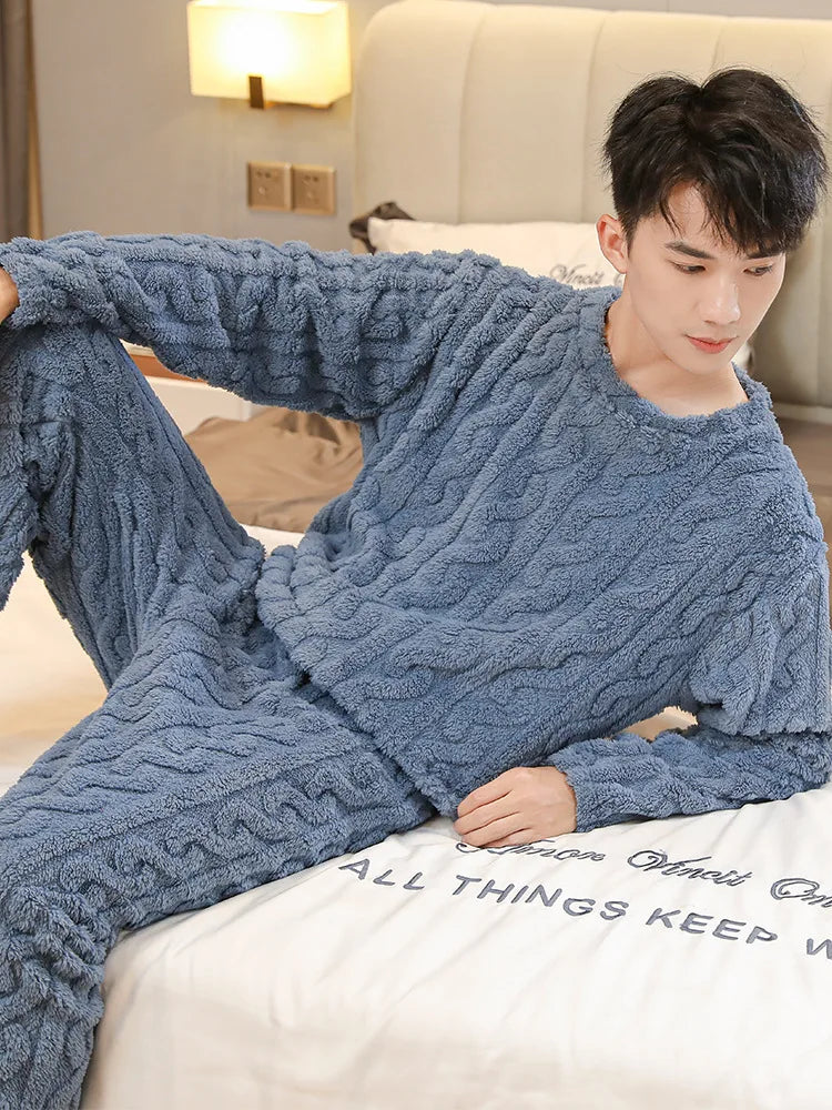 Coral Fleece Pajamas Men's Fall and Winter Thickened Padded Homewear Suit Warm Ladies Teen Facecloth Pajamas Homewear Suit