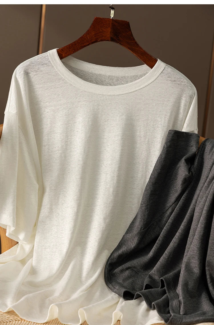 100% Linen Knitted High-quality Casual Loose Round Neck Short-sleeved T-shirt Women Short Sleeve Shirts for Women