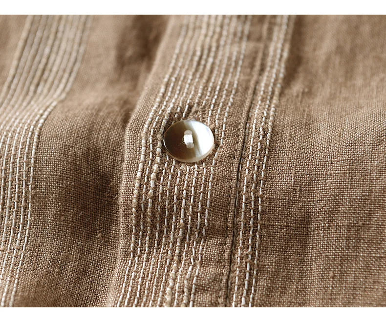 100% Linen Men's Short Sleeve Shirt Japanese Chest Pocket Striped Stand Collar Shirts Casual Summer Comfortable Tops Shirt Man