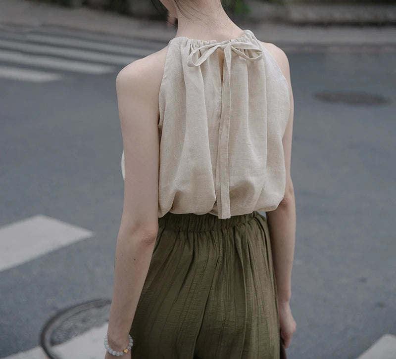 100% Linen Sexy Halter Women Summer Top Solid Sleeveless Back Bandage Tie Up Korean Harajuku Tank Tops Vintage Clothes