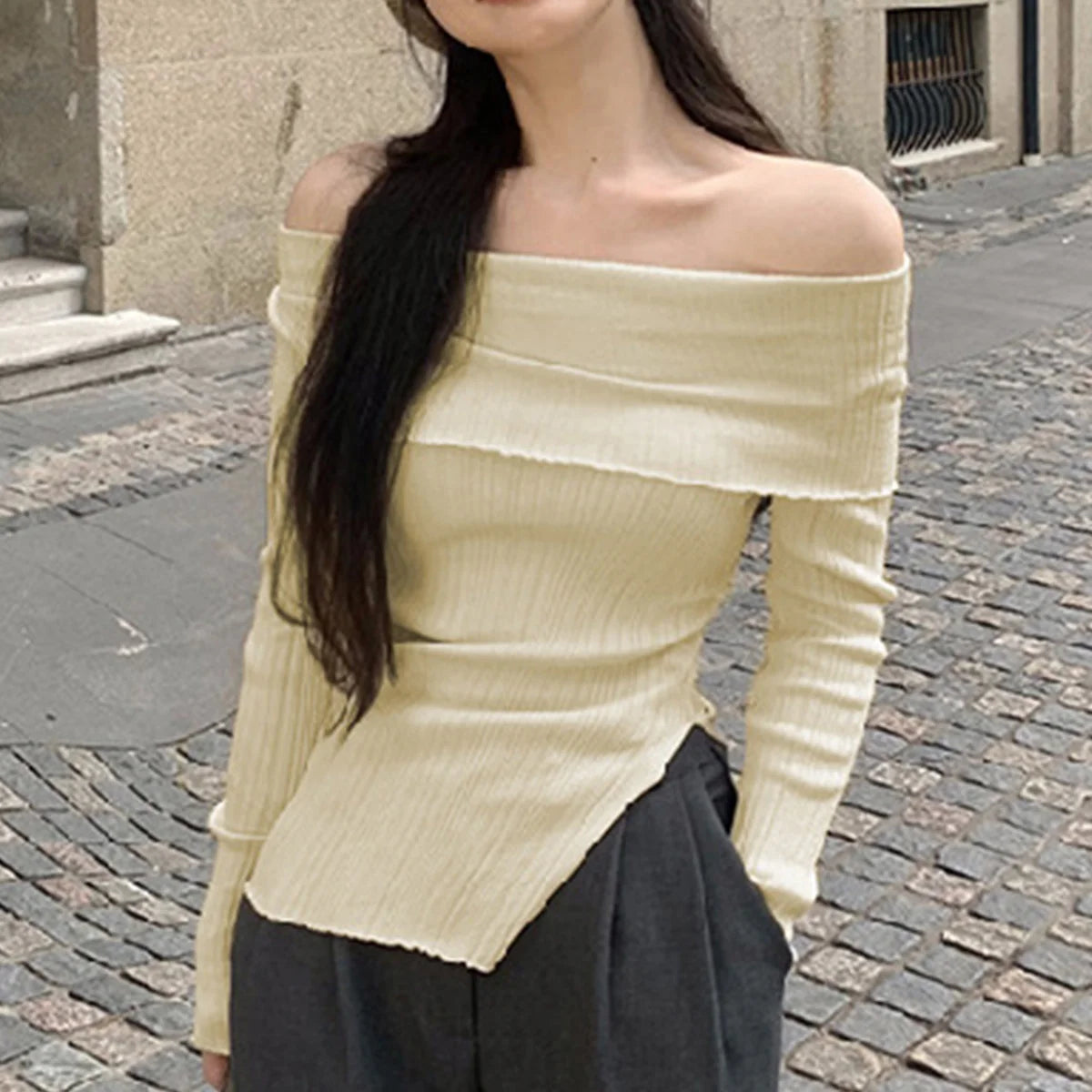 Women's Slash Neck Pullover Split Irregular Off Shoulder Top Black Long Sleeve Casual Korean Elegant Slim Fit Base Tees Y2K Tops