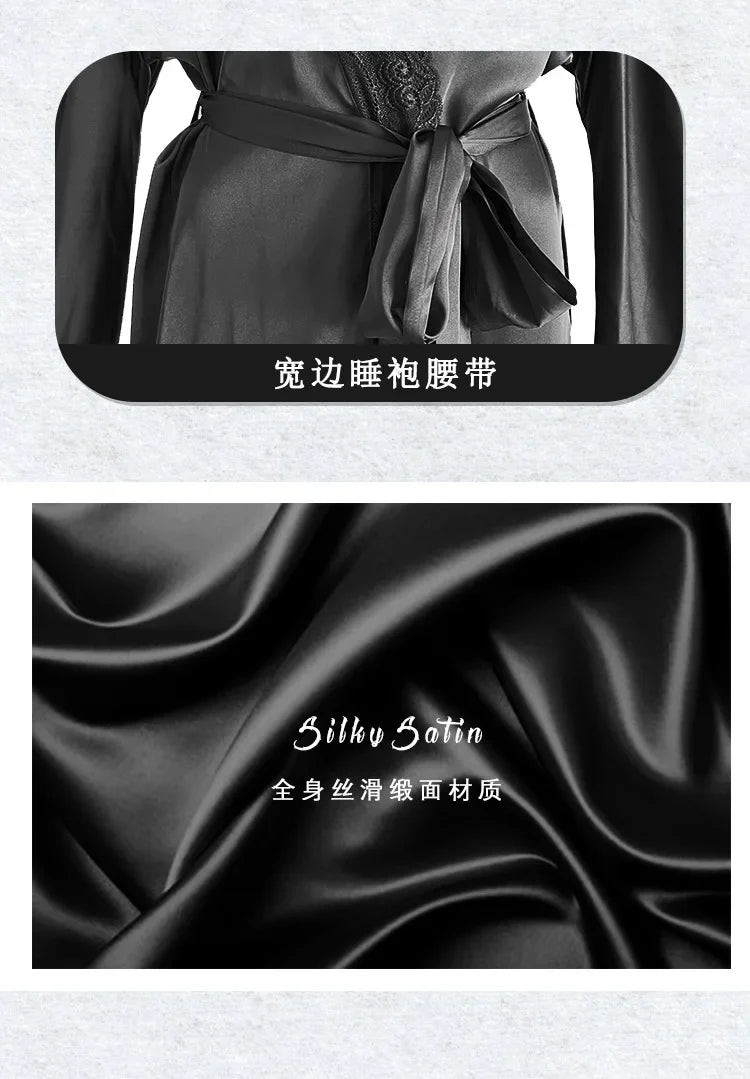 Womens Nightdress Sexy Long Polyester Lingerie Nightwear Bath Robe Gown Imitation Ice Silk Nightdress Solid Color Nightgown Thin