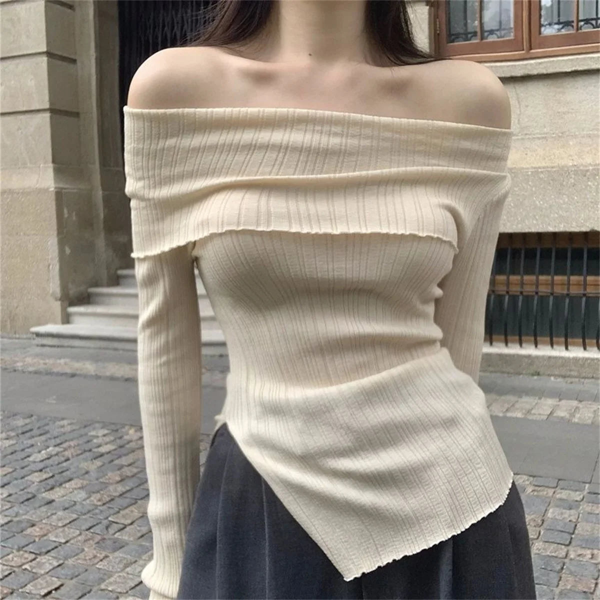 Women's Slash Neck Pullover Split Irregular Off Shoulder Top Black Long Sleeve Casual Korean Elegant Slim Fit Base Tees Y2K Tops