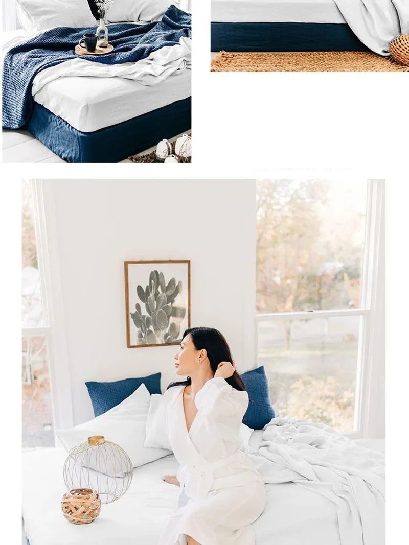 100% Linen Fitted Bed Sheet Mattress Cover Natural Washed French Flax Soft Natural Breathable Deep Pockets Farmhouse Bedding