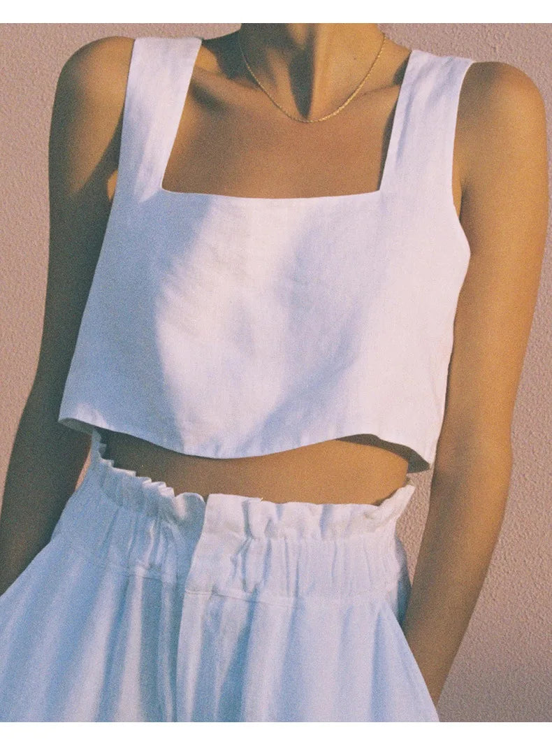 100% Linen White Crop Top 2024 Summer Vintage Square Collar Sleeveless Streetwear Green Top Fashion Clothing