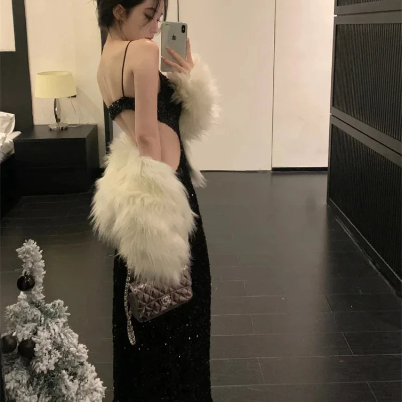Sexy Glitter Long Black Dress Women V-neck New Year Evening Party Suspender Dress Cut-out Waist Sequin Backless Dresses Vestido