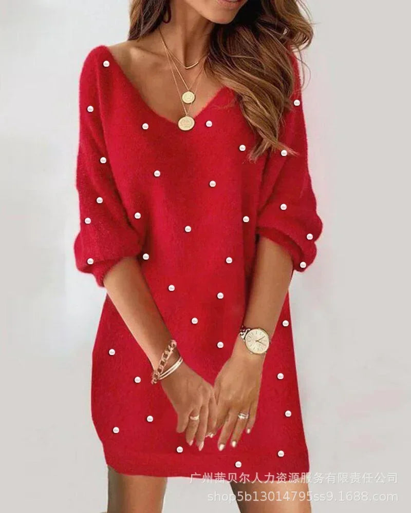 Women V-Neck Fleece Lace Off-Shoulder Dress Long Sleeve Fashion Casual Sexy Mini Dress