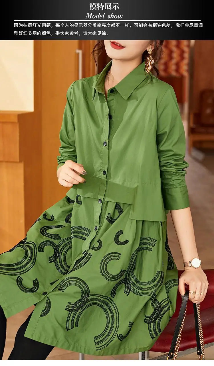 Women's Fashion Loose Spliced Shirt Autumn New Korean Casual Polo-Neck Printed Button Blouse Long Sleeve Female Clothing 2024