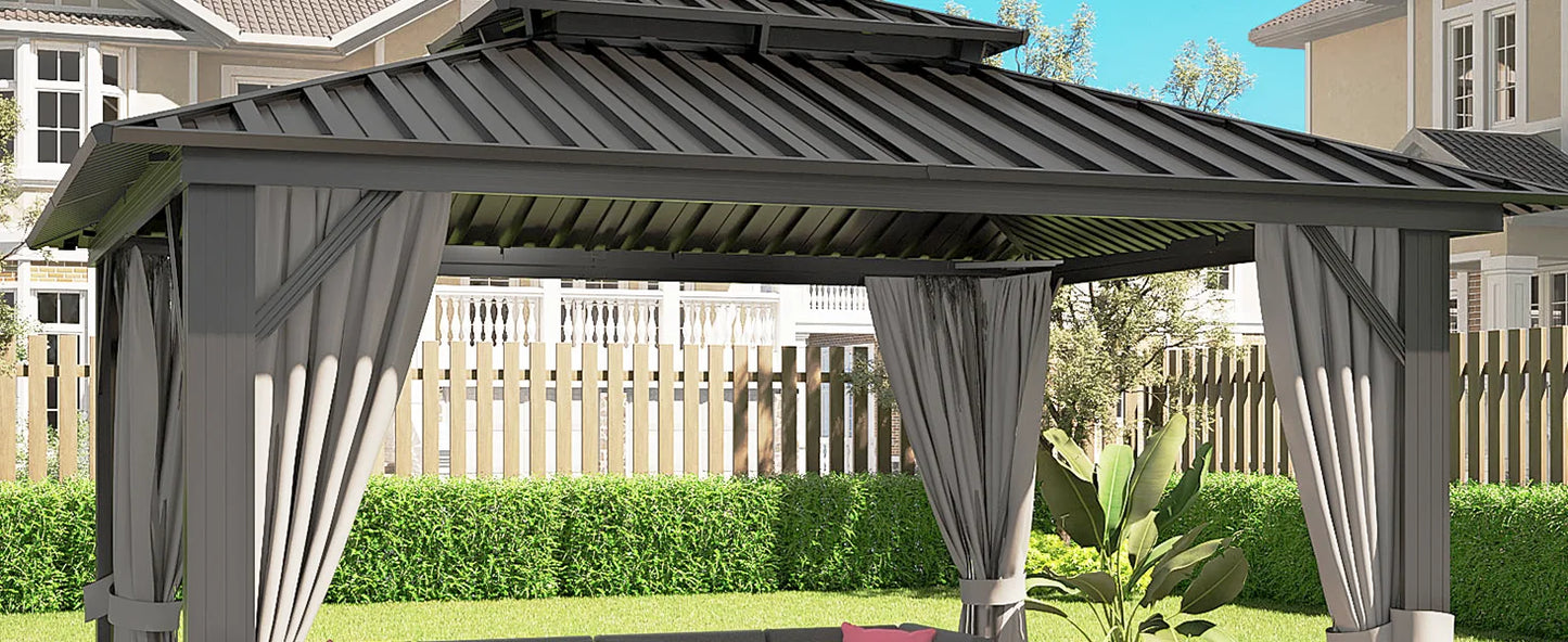 10'x12' Hardtop Gazebo, Aluminum Frame Canopy with Double Galvanized Steel Roof, Outdoor Metal Pavilion with Netting, Curtains