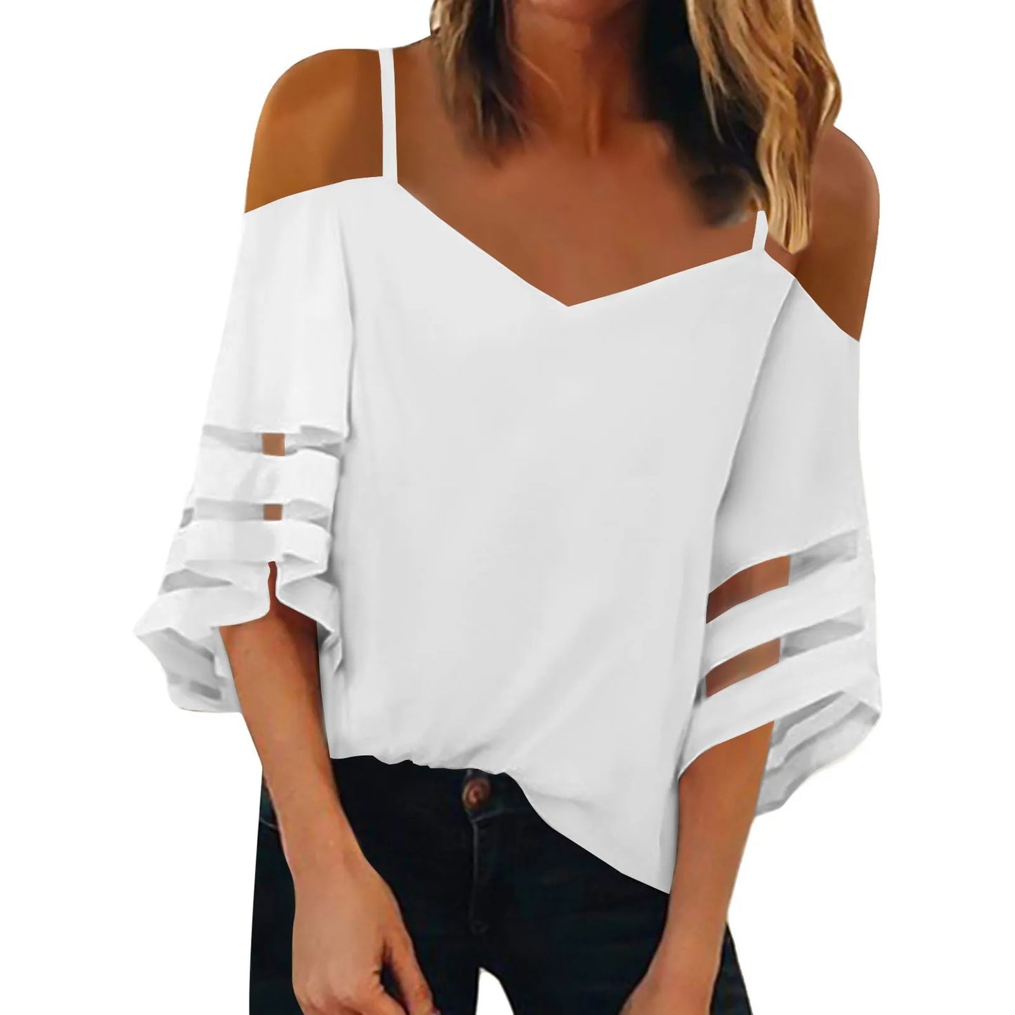 Women'S 3/4 Sleeve Tops Fashion Loose V-Neck Solid Color Casual Shoulder Strap Top Daily Commute Elegant All-Match Comfy Tops