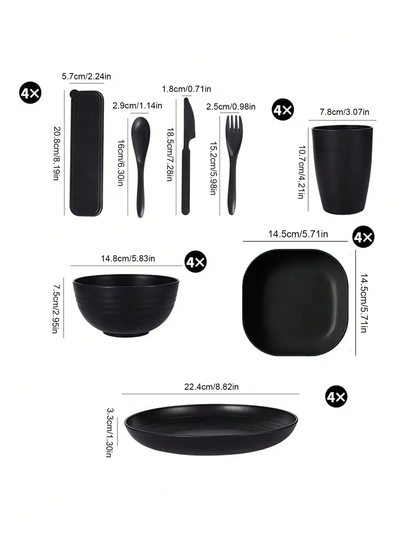 32pcs Black plastic cutlery set plates spitting dishes bowl cups cutlery 4 sets for outdoor camping party