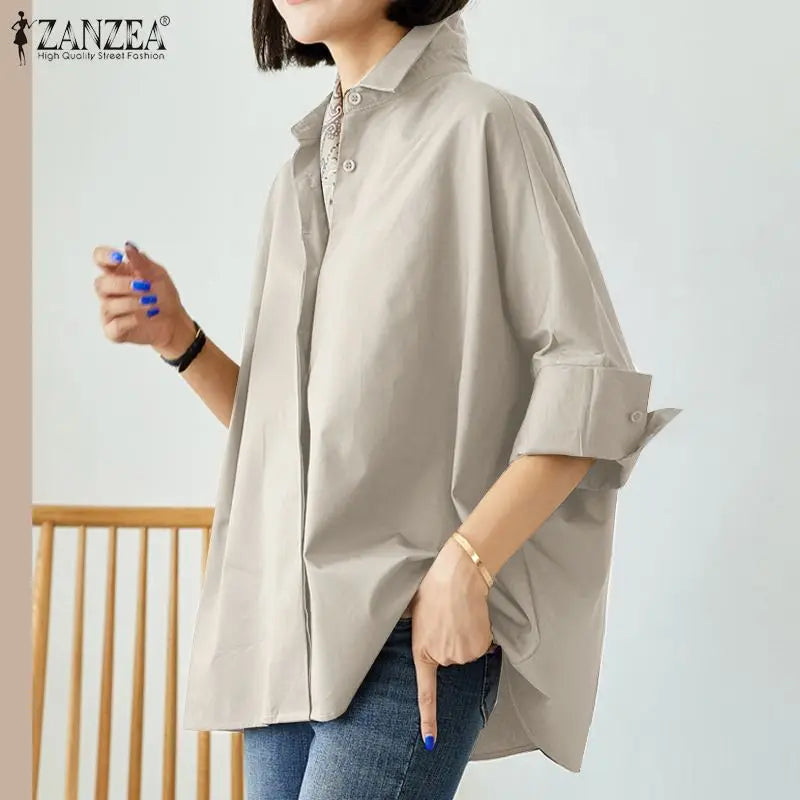ZANZEA Women Lapel Neck Blouse Fashion OL Work Tops Casual 3/4 Sleeve Holiday Tops Oversize Chemise Female Loose Buttons Blusas