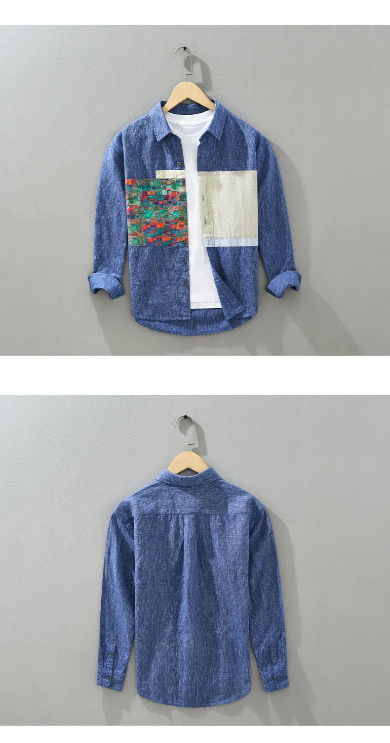 100% Linen Yarn-dyed Patchwork Men's Shirts 2024 Spring New Fashion Artsy Blouse for Youth Man Casual Loose Long Sleeve Tops