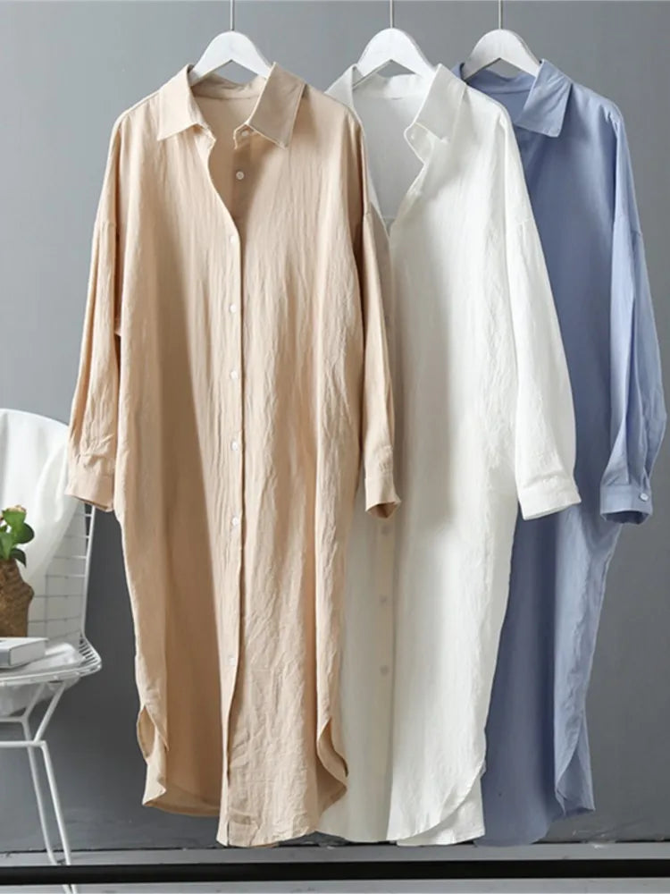 Women Loose Cotton Linen Cardigan Long Shirts Casual Blouses Female Fashion Elegant Outerwear Monochromatic Tee Clothes Summer