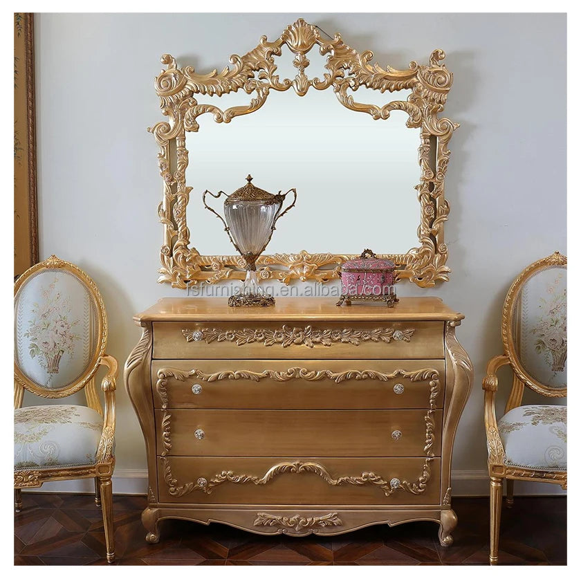 European Golden Solid Wood furniture Hand Carving Canopy Bed King Size Classical Luxury Gold Bedroom king size bed