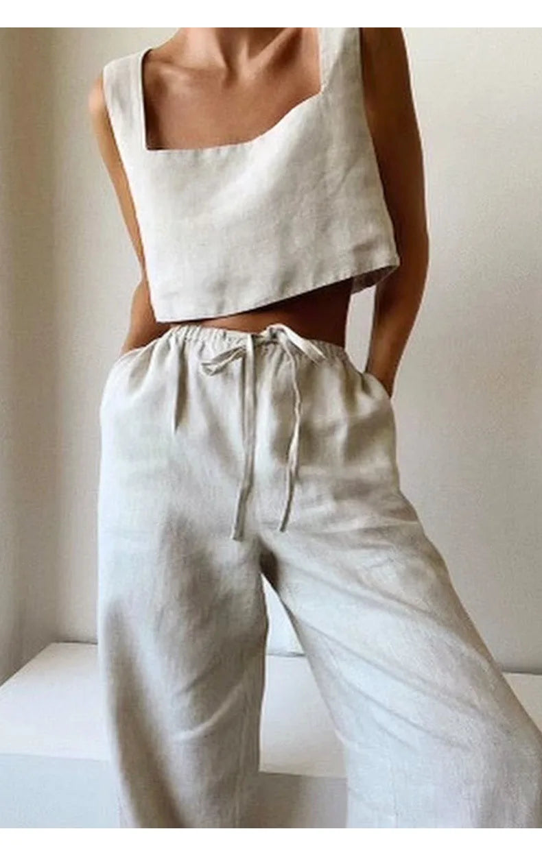 100% Linen White Crop Top 2024 Summer Vintage Square Collar Sleeveless Streetwear Green Top Fashion Clothing