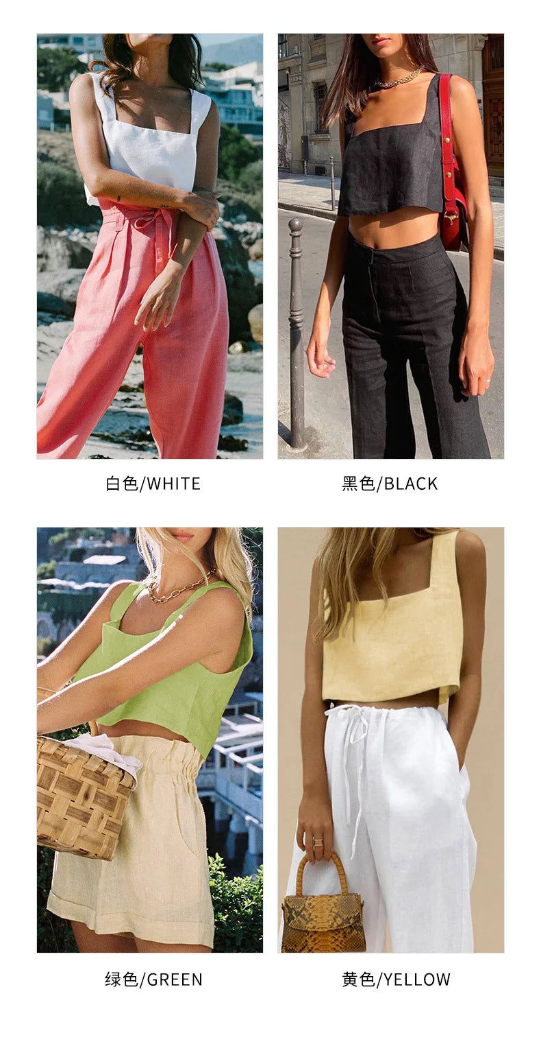 100% Linen White Crop Top 2024 Summer Vintage Square Collar Sleeveless Streetwear Green Top Fashion Clothing