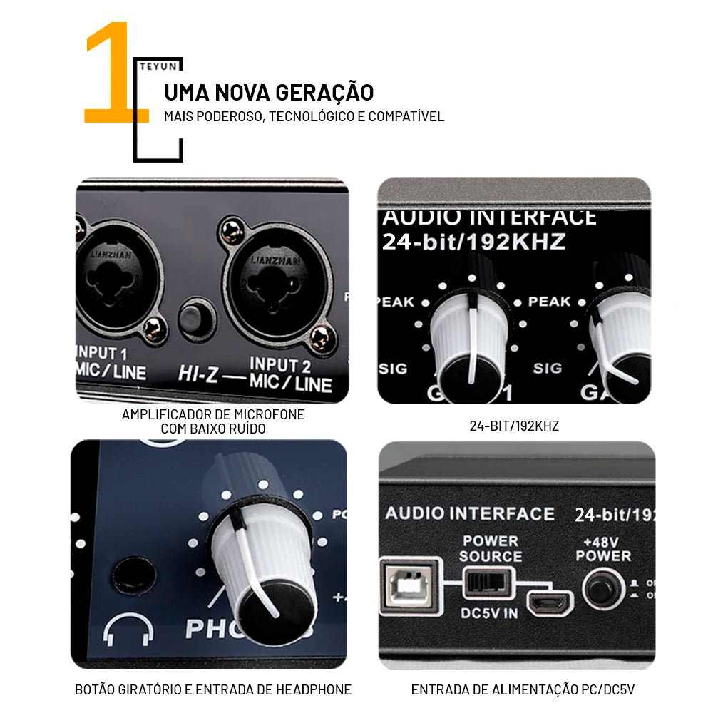 TEYUN Q-22 Audio Interface Sound Card With Monitoring Electric Guitar Live Recording Professional Sound Card For Studio Singing