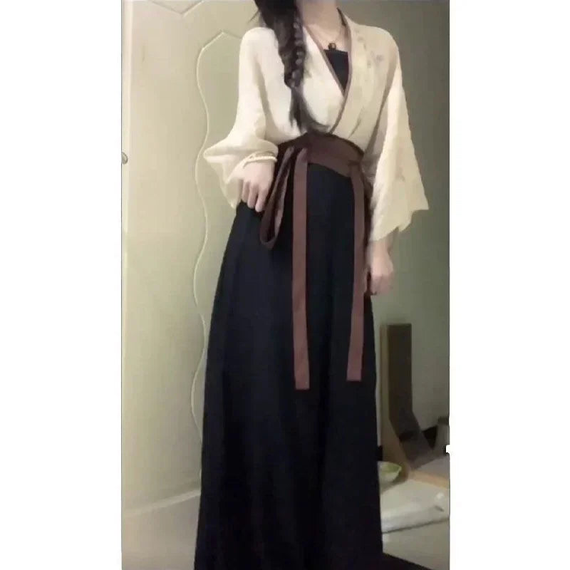 2023 Summer Improved Cotton Linen Hanfu Dress 3pcs Chinese Traditional Women's Clothing Japanese Lace Up Kimono Cosplay Heroine
