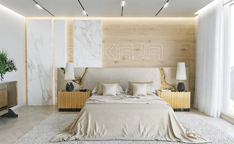 New Design Luxury King Size Bed Set Big Headboard Fabric Bed Mirrored Gold Double Bed Bedroom Furniture Set