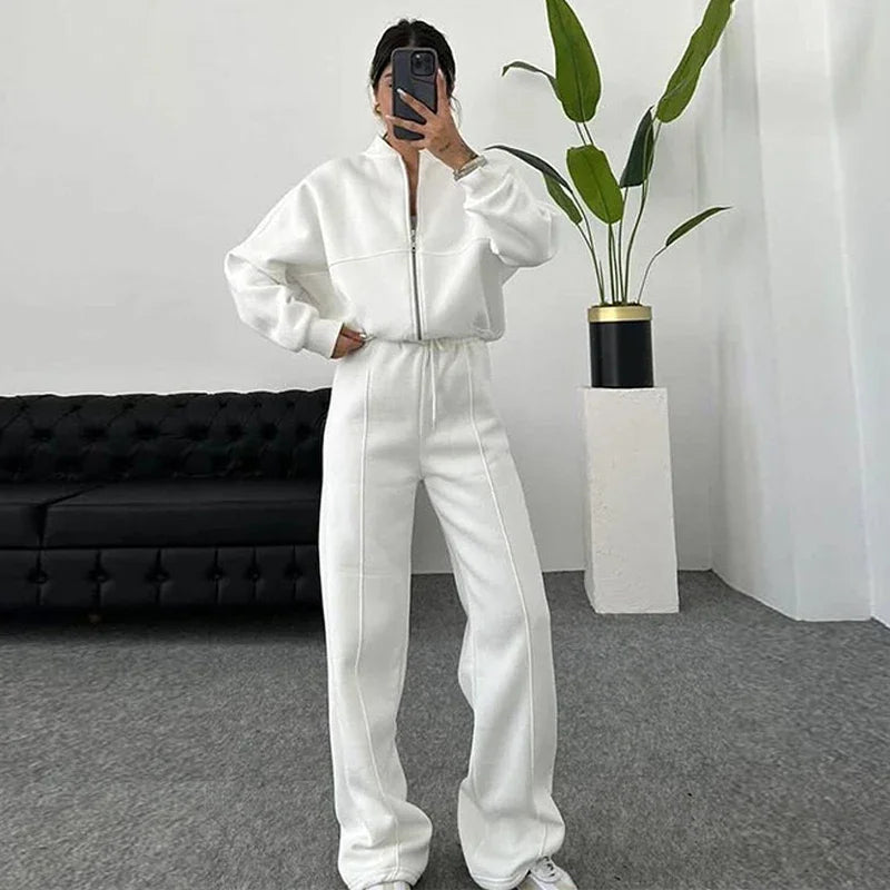 Women Sweatsuit Set Vintage O-neck Zipper Bomber Jackets High Waist Loose Pants Suit Female 2025 Spring Fashion Lady Sportswear