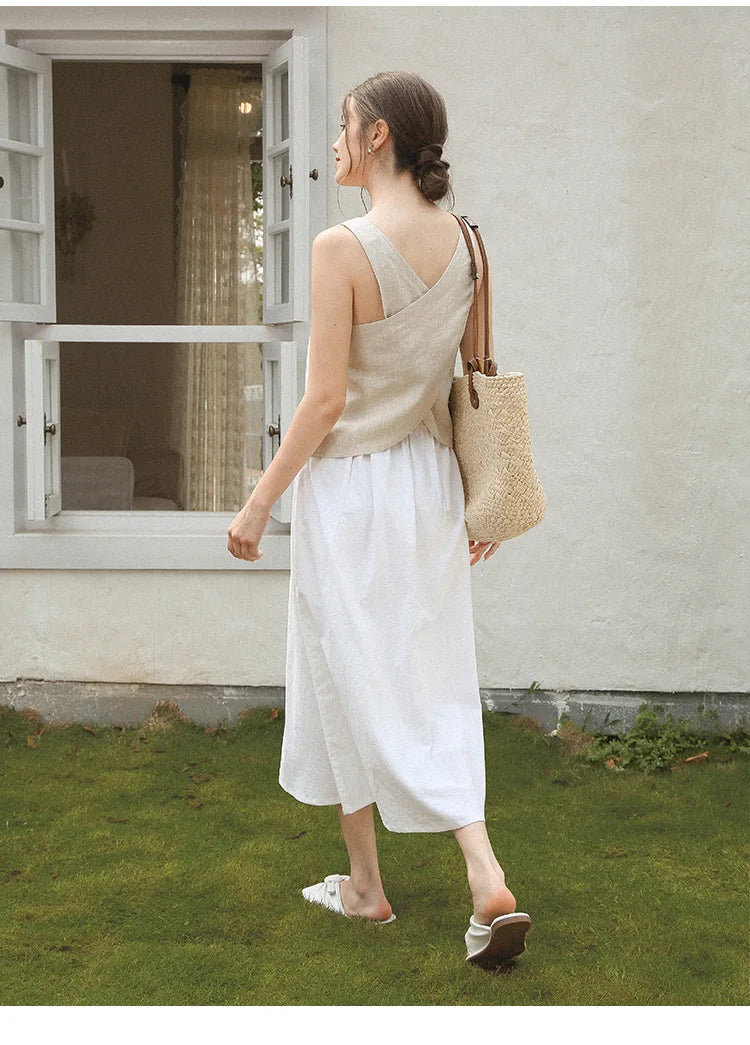 100% Linen Top Women Casual Solid Back Cross Patchwork Tank Top Summer Tops Haut Femme Women'S Clothing Offer Free Shipping