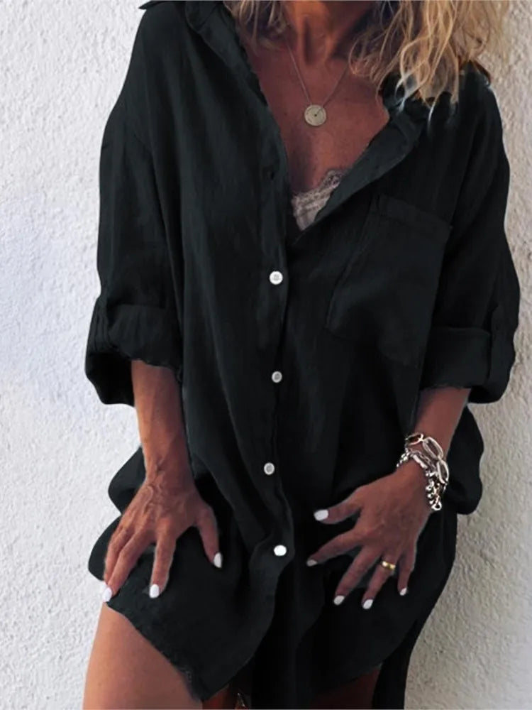 Women's Summer New Fashion Cotton Linen Pocket Beach Button Long Sleeved Shirt Casual And Comfortable Plus Size Women's Clothing