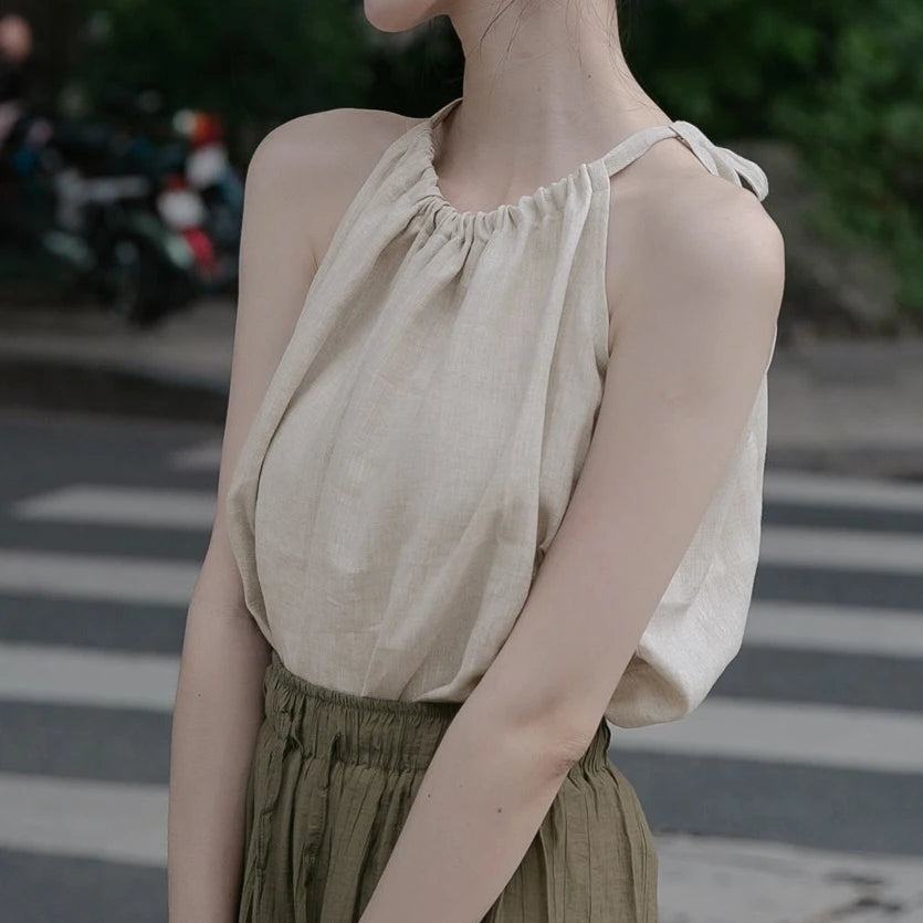 100% Linen Sexy Halter Women Summer Top Solid Sleeveless Back Bandage Tie Up Korean Harajuku Tank Tops Vintage Clothes