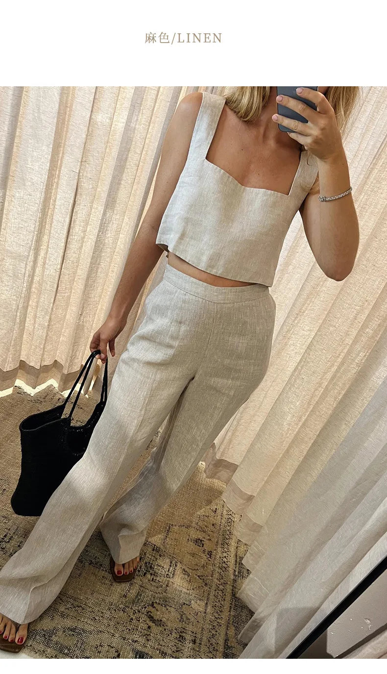 100% Linen White Crop Top 2024 Summer Vintage Square Collar Sleeveless Streetwear Green Top Fashion Clothing