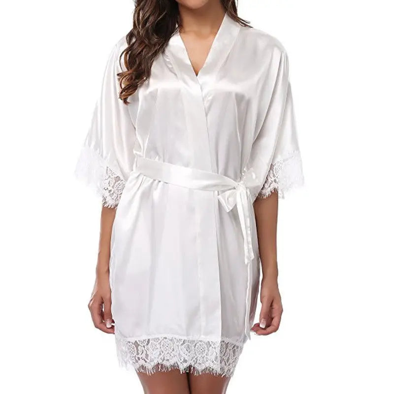 Womens Large Size Ice Silk Sexy Lace Bathrobe Pajamas Female Soft and Comfortable Solid Color Sleepwear V-Neck Bathrobe Pajamas
