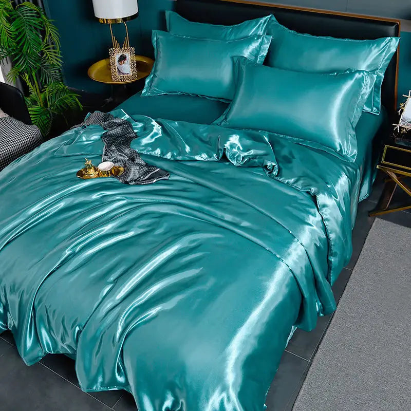 Nordic Silk Bedding Set with Duvet Cover Bed Sheet Pillowcase Luxury Couple Single Double Summer Home Textile Solid Bedsheet