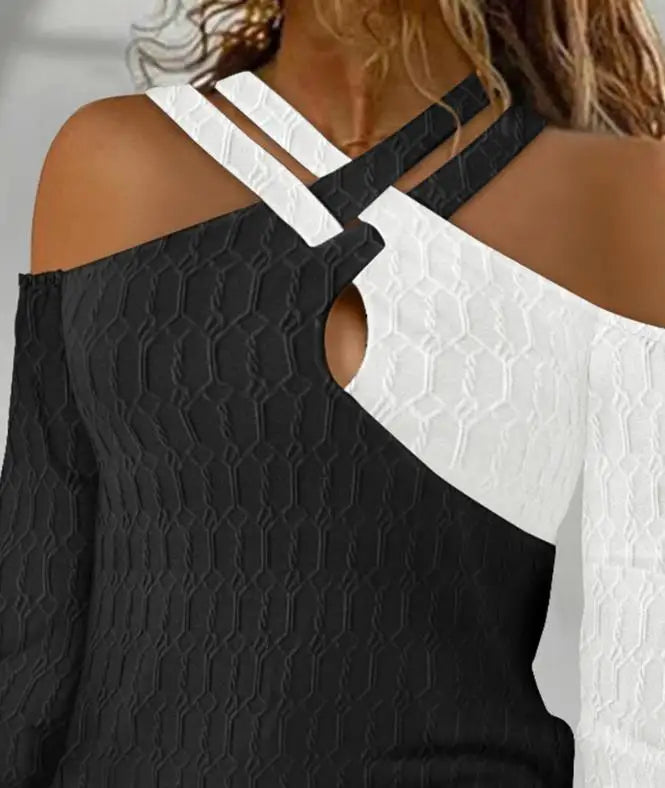 Women's Tops 2023 Autumn Casual Colorblock Criss Cross Cold Shoulder Cable Textured Top Long Sleeve Tee Fashion Pullover