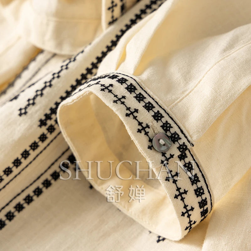 100% Linen Five-Sleeve Embroidered Shirt Women Blusas Femininas Women Tops Shirts for Women Blusas De Mujer