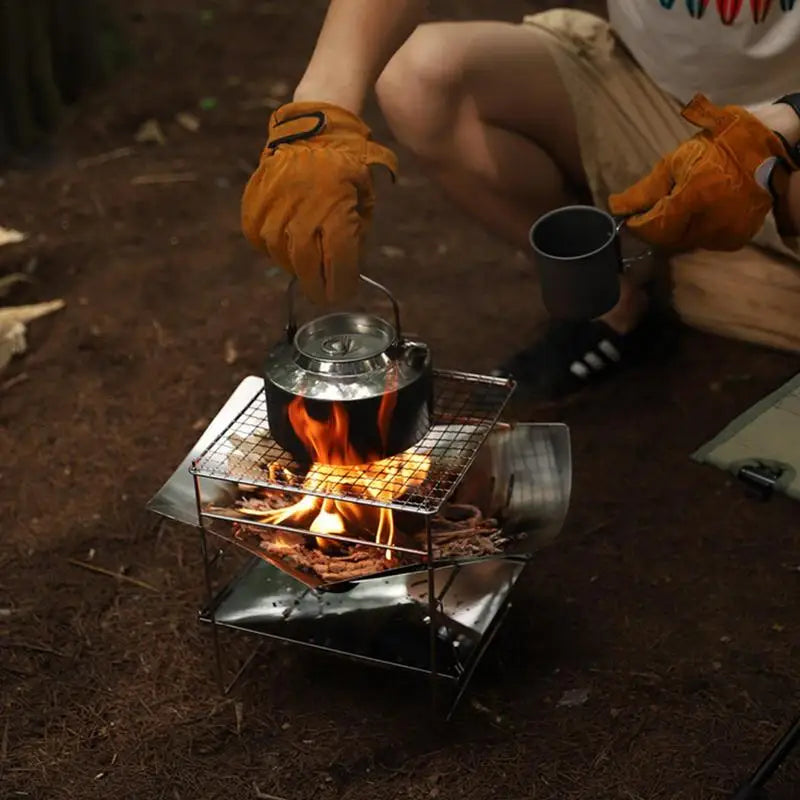 Camping Folding Campfire Charcoal BBQ Grill Stainless Steel Barbecue Net Card Type Firewood Stoves Mini BBQ Rack Camping Stove