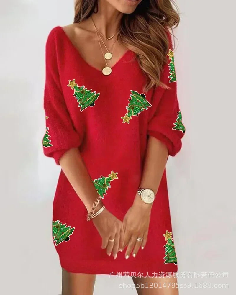Women V-Neck Fleece Lace Off-Shoulder Dress Long Sleeve Fashion Casual Sexy Mini Dress