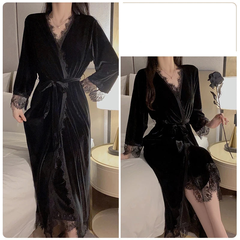 Women Warm Velour Homewear Pink Bathrobe Set Cami Sleepwear Winter Robe Suit Loungewear Sexy Nightgown Long Kimono Robe
