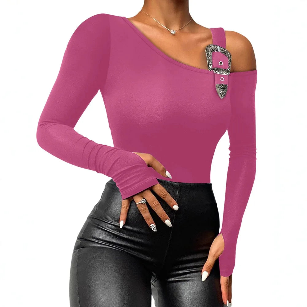 Women Long Sleeve Slim Fit Tops Casual Cold Shoulder Buckled Blouse Shirts