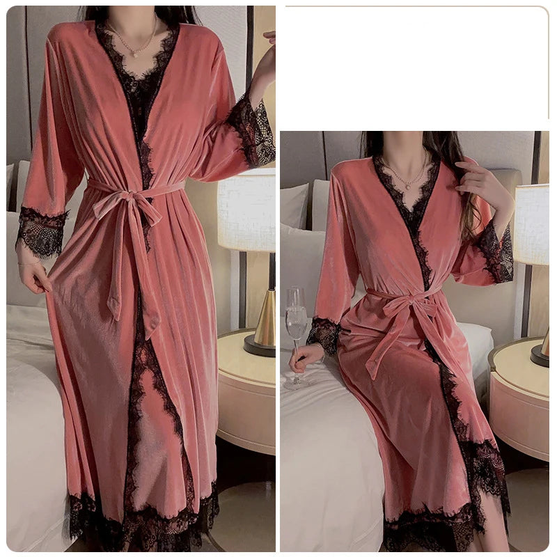 Women Warm Velour Homewear Pink Bathrobe Set Cami Sleepwear Winter Robe Suit Loungewear Sexy Nightgown Long Kimono Robe