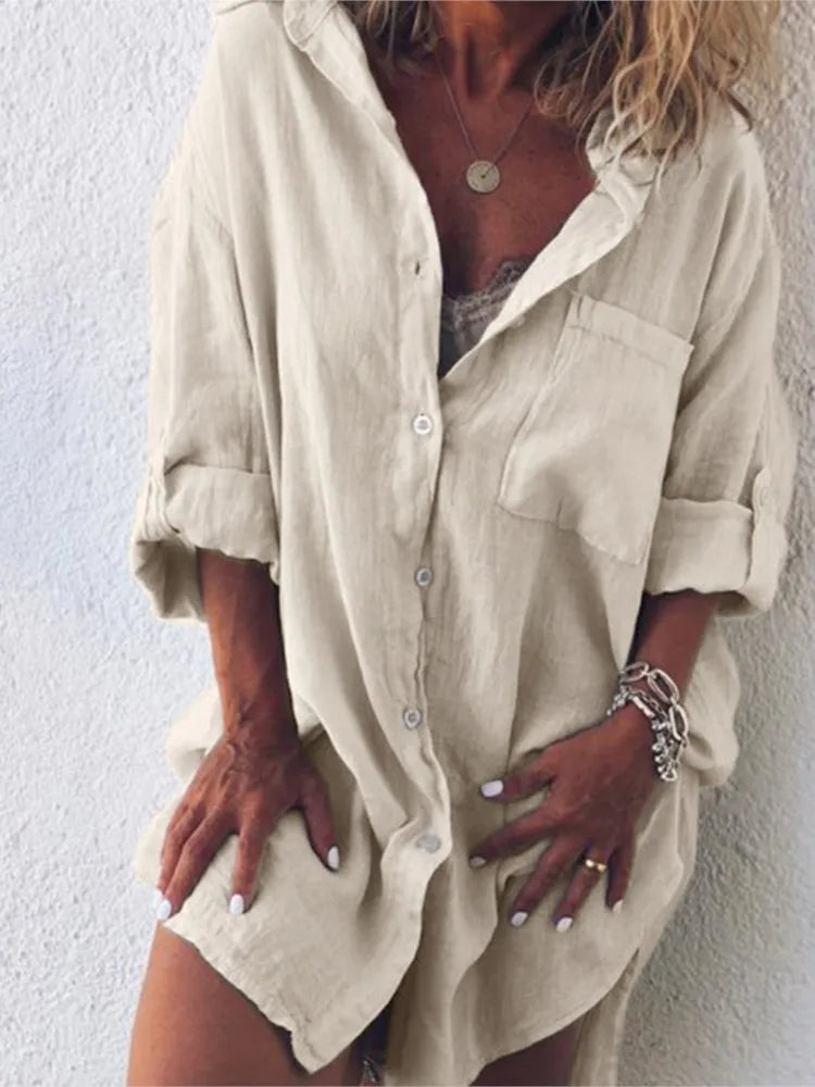 Women's Summer New Fashion Cotton Linen Pocket Beach Button Long Sleeved Shirt Casual And Comfortable Plus Size Women's Clothing