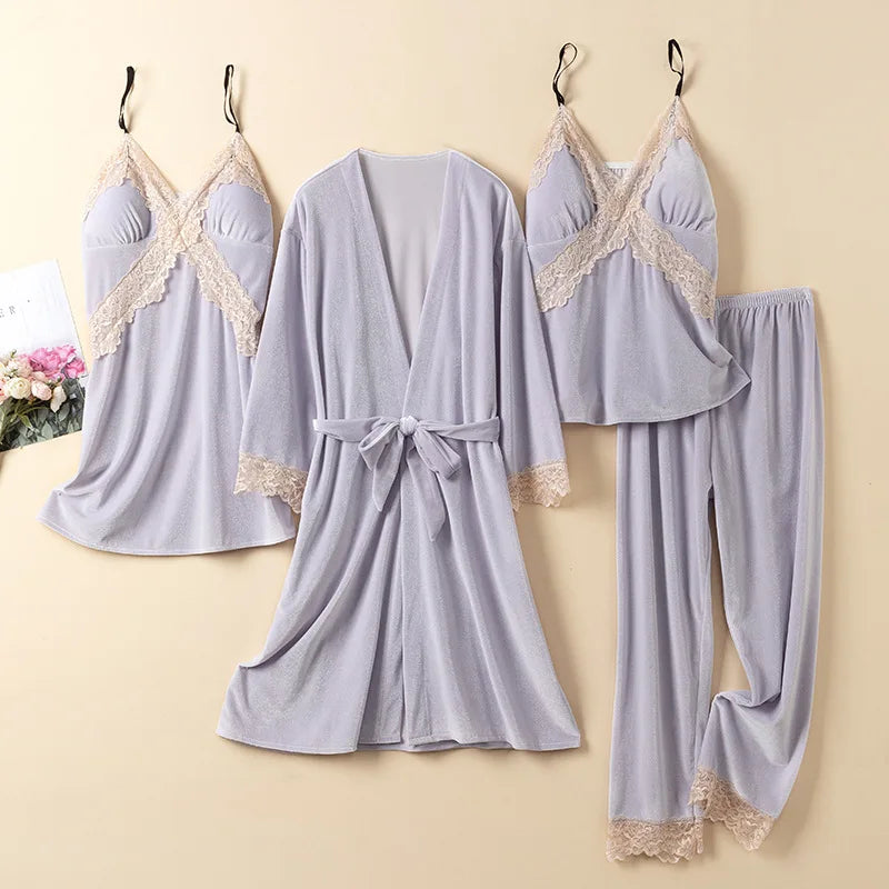 Women Velvet 4PCS Pajamas Set Sleepwear Autumn Winter Sexy Lace Trim Bathrobe Nightgown Loose Velour Pyjama Pour Femme Home Wear