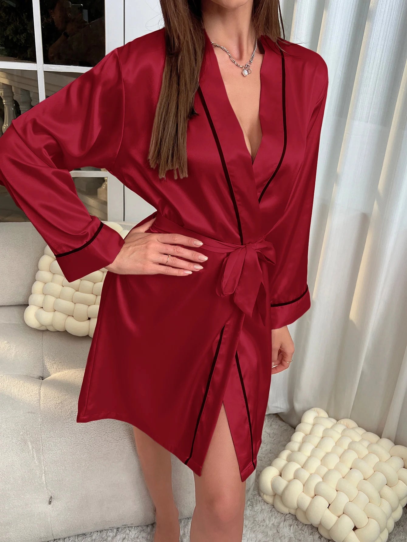 Simple Satin Night Robe Elegant V Neck Long Sleeve House Robe With Belt Women's Sleepwear